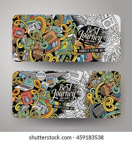 Cartoon cute colorful vector hand drawn doodles travel corporate identity. 2 horizontal journey banners design. Templates set