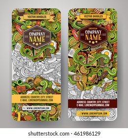 Cartoon cute colorful vector hand drawn doodles fast food corporate identity. 2 vertical banners design. Templates set
