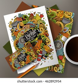 Cartoon cute colorful vector hand drawn doodles picnic corporate identity set. Templates design of business card, flyers, posters, papers on the table.