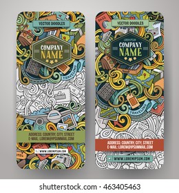 Cartoon Cute Colorful Vector Hand Drawn Doodles Travel Corporate Identity. 2 Vertical Journey Banners Design. Templates Set