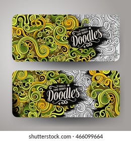 Cartoon cute colorful vector hand drawn doodles curls, swirls corporate identity. 2 horizontal banners design. Templates set