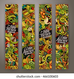 Cartoon cute colorful vector hand drawn doodles Latin America corporate identity. 4 Vertical banners design. Templates set