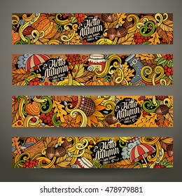 Cartoon cute colorful vector hand drawn doodles Autumn corporate identity. 4 horizontal banners design. Templates set