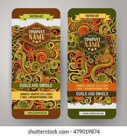 Cartoon cute colorful vector hand drawn doodles curls, swirls corporate identity. 2 vertical banners design. Templates set