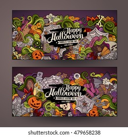 Cartoon cute colorful vector hand drawn doodles Halloween corporate identity. 2 horizontal banners design. Templates set