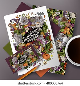 Cartoon cute colorful vector hand drawn doodles Halloween corporate identity set. Templates design of business card, flyers, posters, papers on the table.