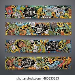 Cartoon cute colorful vector hand drawn doodles travel corporate identity. 4 horizontal journey banners design. Templates set