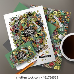 Cartoon cute colorful vector hand drawn doodles Social corporate identity set. Templates design of business card, posters, papers on the table