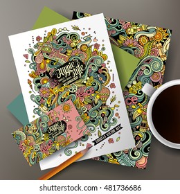 Cartoon cute colorful vector hand drawn doodles Hippie corporate identity set. Templates design of business card, flyers, posters, papers on the table.