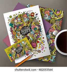 Cartoon cute colorful vector hand drawn doodles cosmetic corporate identity set. Templates design of business card, flyers, posters, papers on the table.