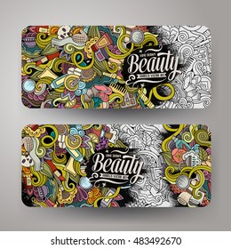 Cartoon cute colorful vector hand drawn doodles cosmetic corporate identity. 2 horizontal beauty banners design. Templates set