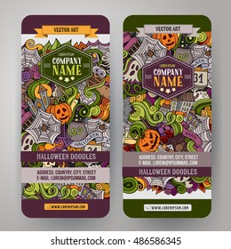 Cartoon cute colorful vector hand drawn doodles Halloween corporate identity. 2 vertical banners design. Templates set