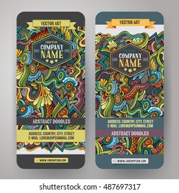 Cartoon cute colorful vector hand drawn doodles curls, swirls corporate identity. 2 vertical banners design. Templates set