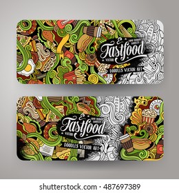 Cartoon cute colorful vector hand drawn doodles fast food corporate identity. 2 horizontal banners design. Templates set