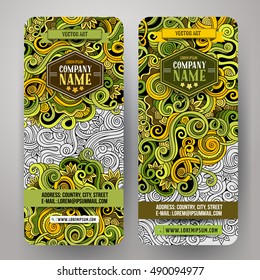 Cartoon cute colorful vector hand drawn doodles curls, swirls corporate identity. 2 vertical banners design. Templates set