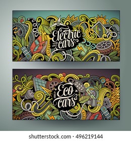 Cartoon cute colorful vector hand drawn doodles electric cars corporate identity. 2 horizontal banners design. Templates set