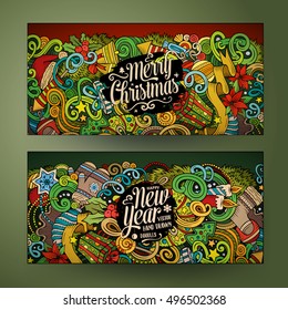Cartoon cute colorful vector hand drawn doodles New Year season corporate identity. 2 horizontal banners design. Templates set