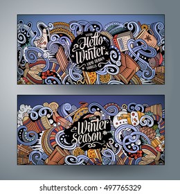 Cartoon cute colorful vector hand drawn doodles winter season corporate identity. 2 horizontal banners design. Templates set