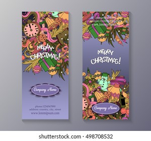 Cartoon cute colorful vector hand drawn doodles Merry Christmas season. 2 vertical flyers design. Templates set