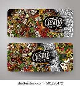 Cartoon cute colorful vector hand drawn doodles casino corporate identity. 2 Horizontal banners design. Templates set