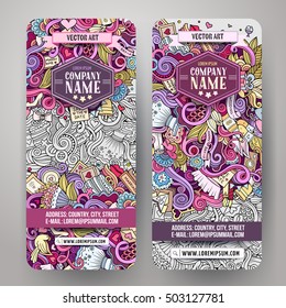 Cartoon cute colorful vector hand drawn doodles wedding corporate identity. 2 vertical banners design. Templates set