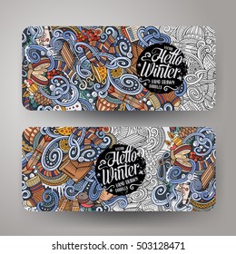 Cartoon cute colorful vector hand drawn doodles winter season corporate identity. 2 horizontal banners design. Templates set