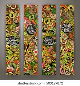 Cartoon cute colorful vector hand drawn doodles japanese food corporate identity. 4 Vertical banners design. Templates set