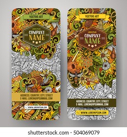 Cartoon cute colorful vector hand drawn doodles Honey corporate identity. 2 vertical banners design. Templates set