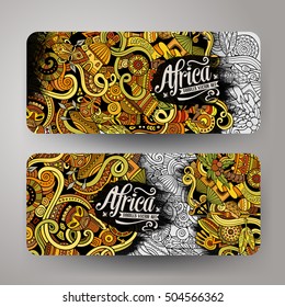 Cartoon cute colorful vector hand drawn doodles Africa corporate identity. 2 horizontal banners design. Templates set