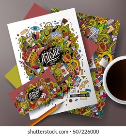 Cartoon cute colorful vector hand drawn doodles artistic corporate identity set. Templates design of business card, flyers, posters, papers on the table.