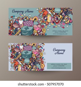 Cartoon cute colorful vector hand drawn doodles Medicine. 2 horizontal flyers design. Templates set