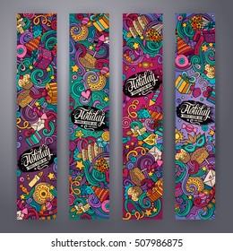 Cartoon cute colorful vector hand drawn doodles holidays corporate identity. 4 Vertical banners design. Templates set