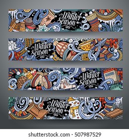 Cartoon cute colorful vector hand drawn doodles winter season corporate identity. 4 horizontal banners design. Templates set