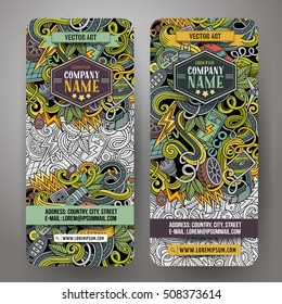 Cartoon cute colorful vector hand drawn doodles electric cars corporate identity. 2 vertical banners design. Templates set