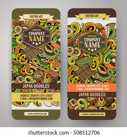 Cartoon cute colorful vector hand drawn doodles japanese food corporate identity. 2 Vertical banners design. Templates set