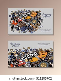 Cartoon cute colorful vector hand drawn doodles Auto service . 2 horizontal flyers design. Templates set