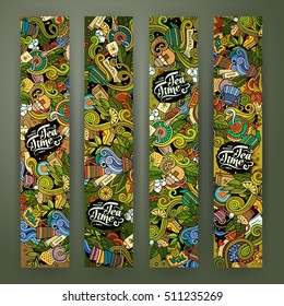 Cartoon cute colorful vector hand drawn doodles tea corporate identity. 4 vertical banners design. Templates set