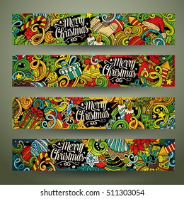 Cartoon cute colorful vector hand drawn doodles New Year season corporate identity. 4 horizontal banners design. Templates set