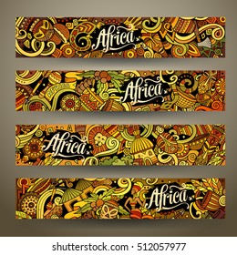 Cartoon cute colorful vector hand drawn doodles Africa corporate identity. 4 horizontal banners design. Templates set