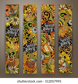 Cartoon cute colorful vector hand drawn doodles Honey corporate identity. 4 vertical banners design. Templates set