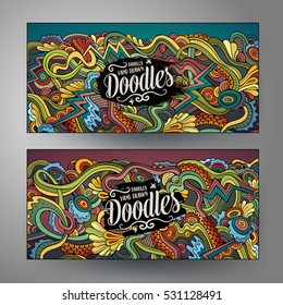 Cartoon cute colorful vector hand drawn doodles curls, swirls corporate identity. 2 horizontal banners design. Templates set