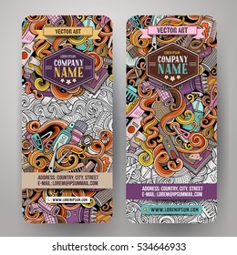 Cartoon cute colorful vector hand drawn doodles Hair salon corporate identity. 2 vertical banners design. Templates set