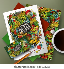 Cartoon cute colorful vector hand drawn doodles New Year corporate identity set. Templates design of business card, flyers, posters, papers on the table