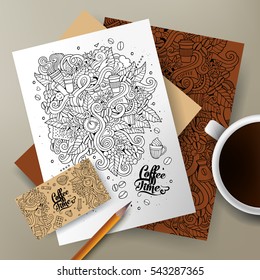 Cartoon cute colorful vector hand drawn doodles Coffee corporate identity set. Templates design of business card, flyers, posters, papers on the table
