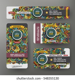 Cartoon cute colorful vector hand drawn doodles curls, swirls corporate identity set. Templates design of banners, id cards, flayers.