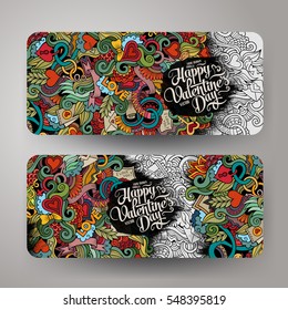 Cartoon cute colorful vector hand drawn doodles Love corporate identity. 2 horizontal banners design. Templates set