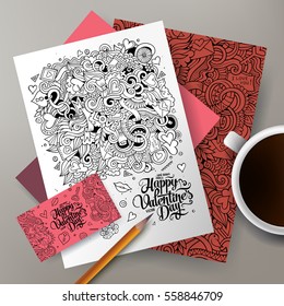 Cartoon cute colorful vector hand drawn doodles Love corporate identity set. Templates design of business card, flyers, posters, papers on the table