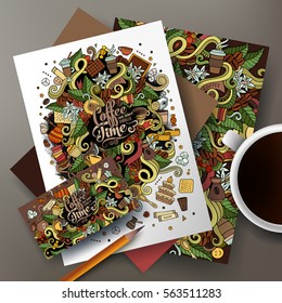 Cartoon cute colorful vector hand drawn doodles Coffee corporate identity set. Templates design of business card, flyers, posters, papers on the table 