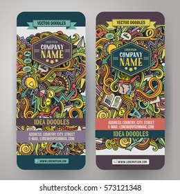 Cartoon cute colorful vector hand drawn doodles Idea corporate identity. 2 vertical banners design. Templates set