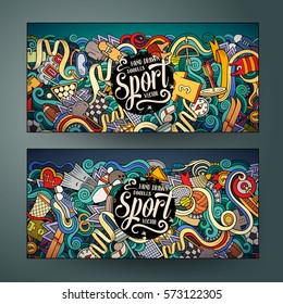 Cartoon cute colorful vector hand drawn doodles Sport corporate identity. 2 horizontal banners design. Templates set